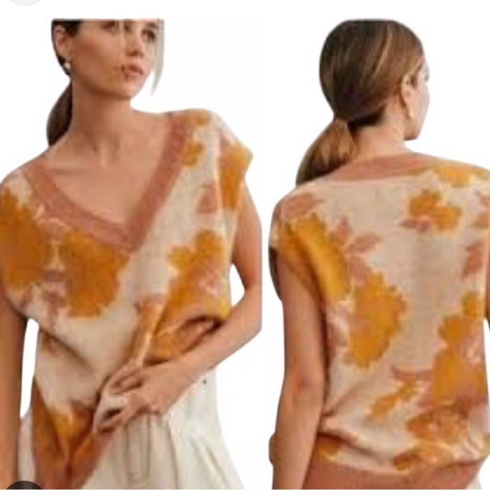 Maeve Anthropologie Loopy Floral Sweater Vest Pink Orange Fuzzy Knit Medium